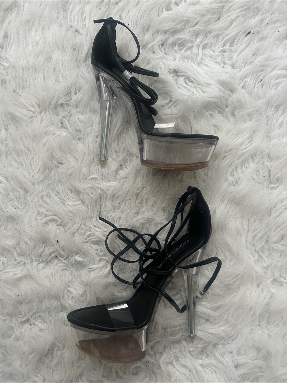 Fashion Nova Clear the Air translucent high heels, black, size 6, new in box